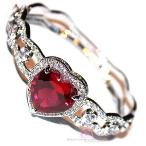Ruby Red Prophets Heart Valentines Day Love Cuff Cubic Zirconia CZ Bracelet 7.5"